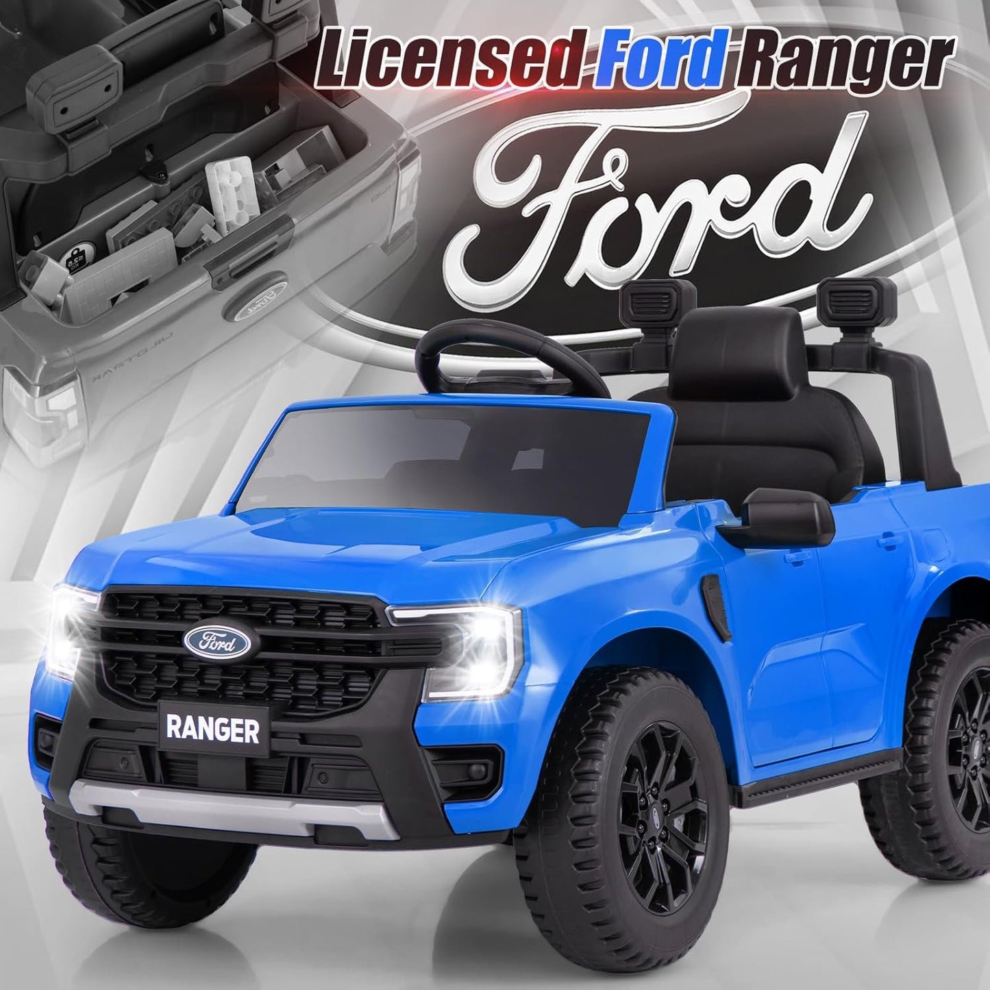 Licensed Ford Ranger Ride on Car for Kids by OLAKIDS, 12V Electric Vehicle with Remote Control, Toddlers Battery Powered Toy Gift with 2 Speeds, Wheels Suspension, Storage Space, Bluetooth USB