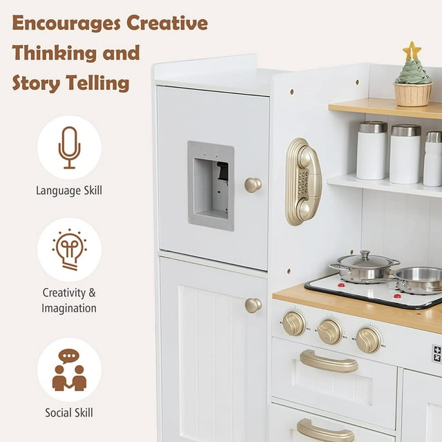INFANS Kid Kitchen Playset, Toddler Wooden Pretend Cooking Set with Realistic Light & Sound, Stove, Sink, Microwave, Storage Cabinet,Pretend Play Kitchen Toy Set for Children Boys Girls