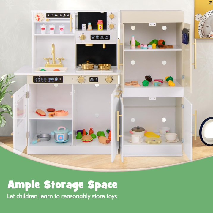 OLAKIDS Play Kitchen for Kids, 2-Piece Fridge Refrigerator Playset Combination with Electronic Interactive Alphabet Wall Chart Coffee Machine Stove Microwave, Toddler Wooden Pretend Cooking Set Gift