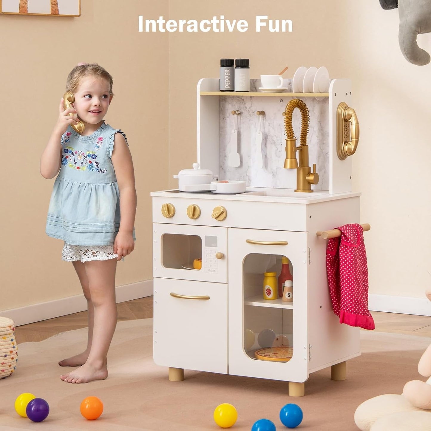 OLAKIDS Kids Kitchen Playset, Toddler Wooden Pretend Cooking Set with with Telephone Stove Microwave Storage Cabinet, Play Kitchen Toy Set with Toy Food Cookware Accessories for Children Boys Girls
