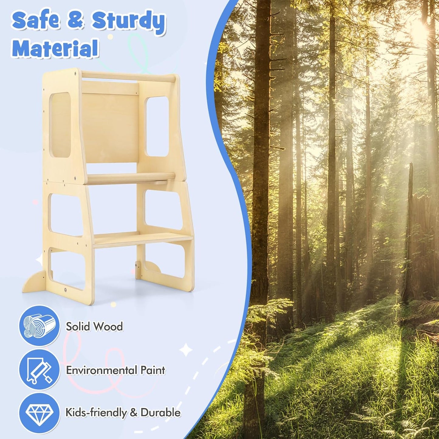 OLAKIDS Toddler Tower, 4 in 1 Foldable Kitchen Stool Helper Learning Standing Tower with Chalkboard Removable Safety Rail, Kids Wooden Collapsible Montessori Step Stool Table and Chair Set