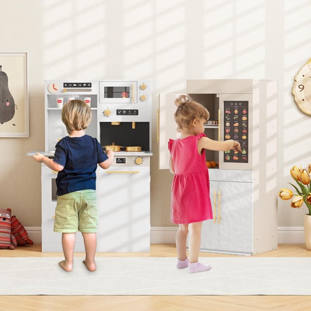 OLAKIDS Play Kitchen for Kids, 2-Piece Fridge Refrigerator Playset Combination with Electronic Interactive Alphabet Wall Chart Coffee Machine Stove Microwave, Toddler Wooden Pretend Cooking Set Gift