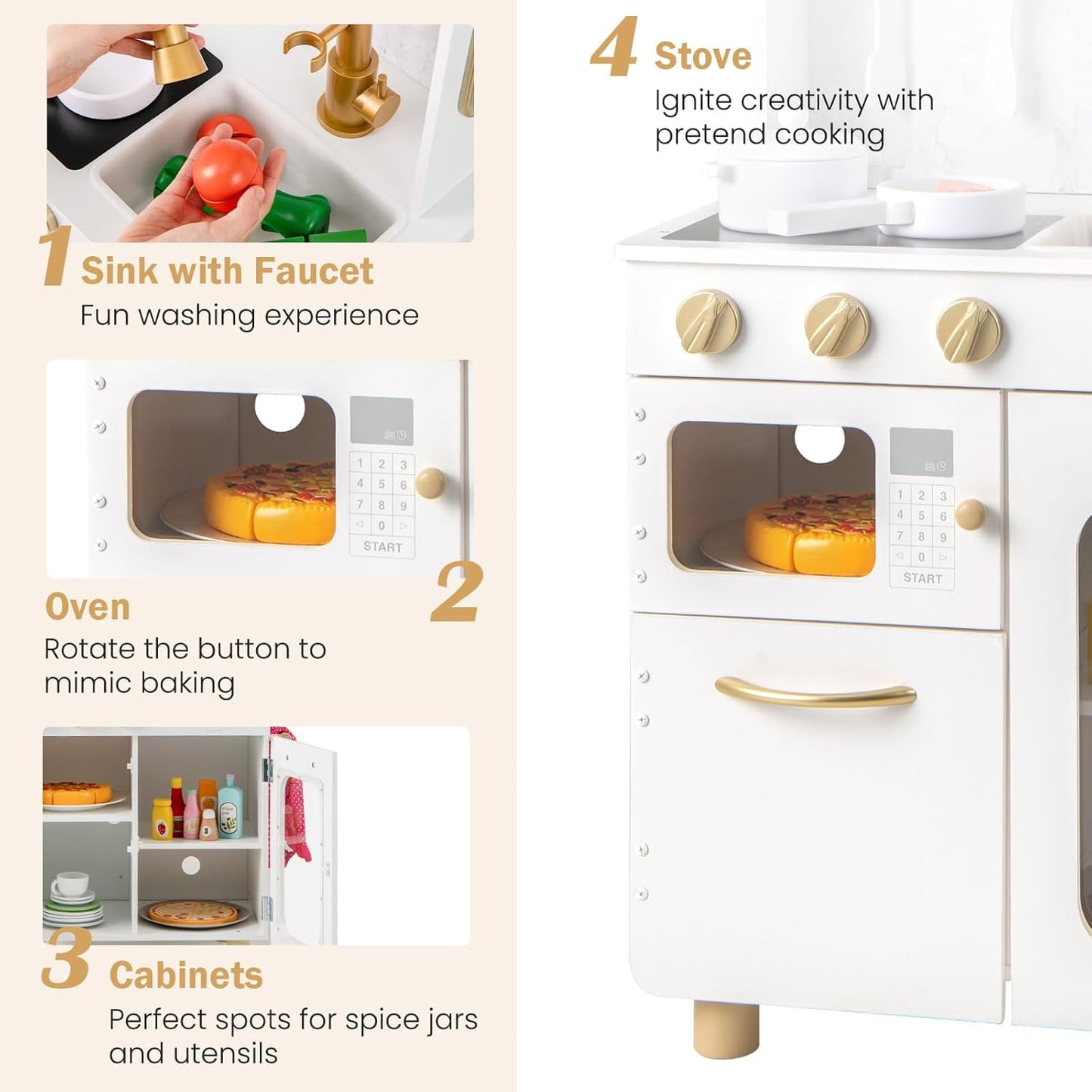 OLAKIDS Kids Kitchen Playset, Toddler Wooden Pretend Cooking Set with with Telephone Stove Microwave Storage Cabinet, Play Kitchen Toy Set with Toy Food Cookware Accessories for Children Boys Girls