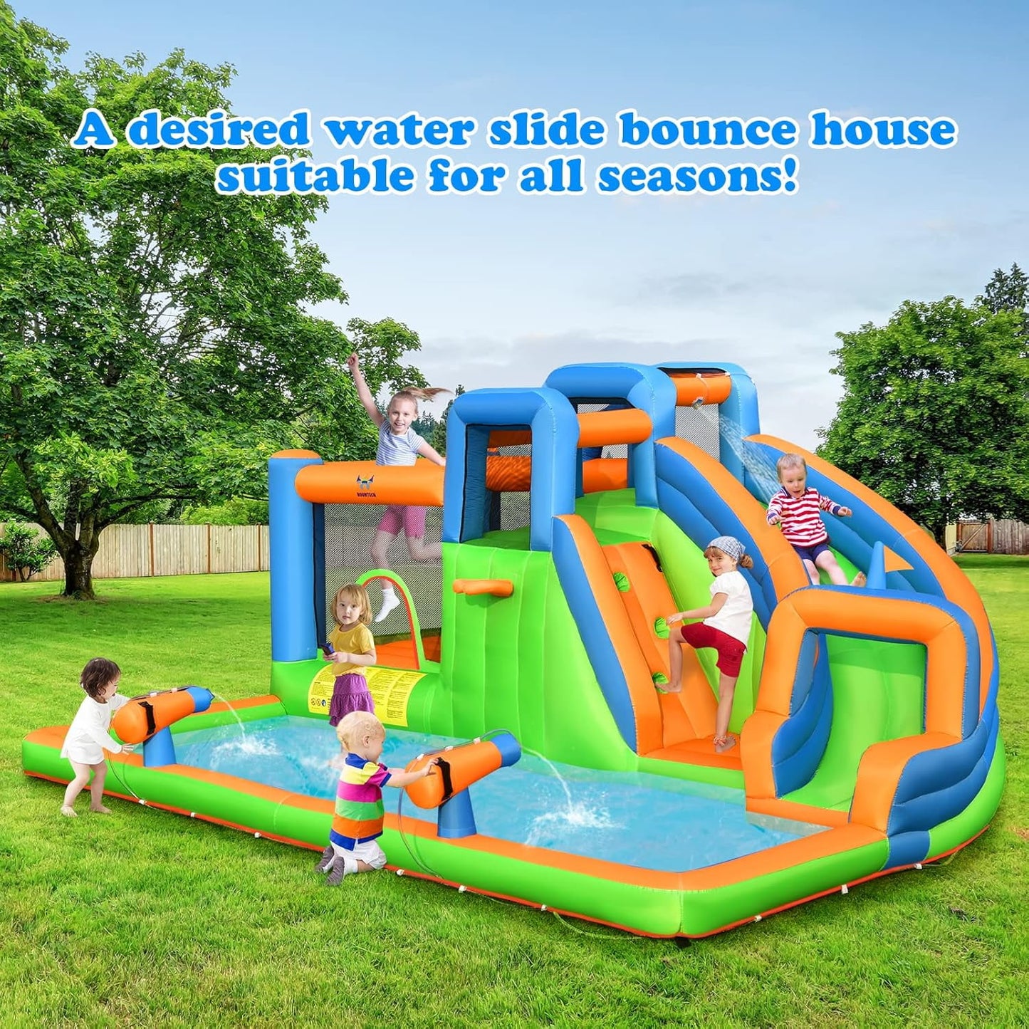 OLAKIDS Inflatable Water Slide, 7 in 1 Bounce House Water Park with Slide Splash Pool Climbing Wall 2 Water Guns Basketball Rim, Outdoor Inflatable Obstacle Course for Kids Backyard (With 735W)