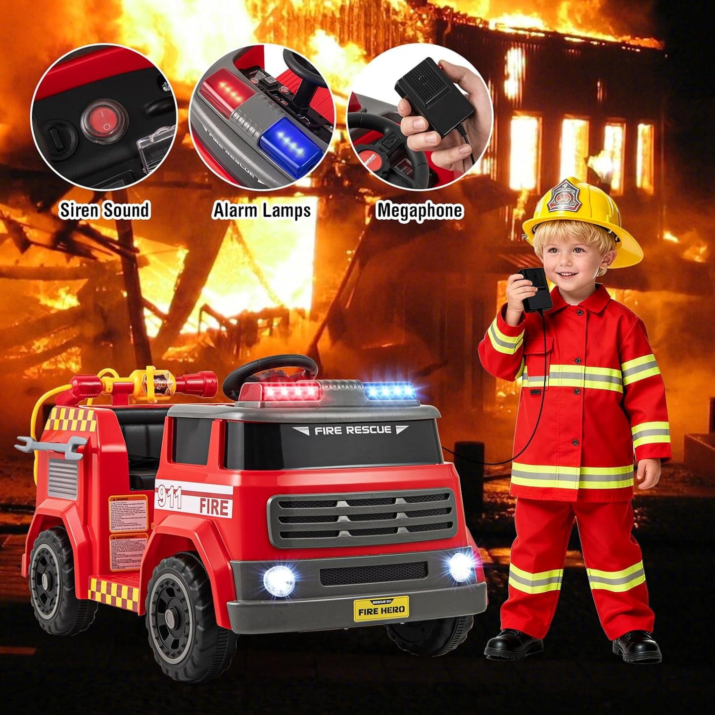 OLAKIDS 12V Ride on Fire Truck with Water Gun, Tank, Megaphone, Siren, Alarm Lamps, Shovel, Music, Remote Control, Aged 3+ Years