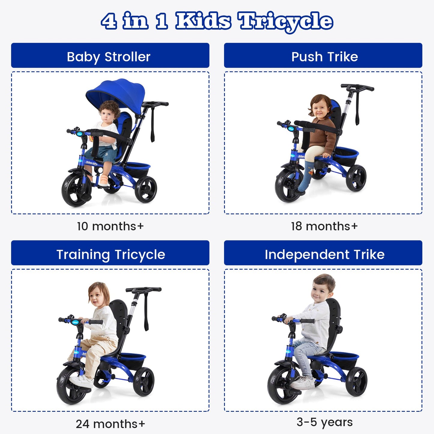 INFANS Kids Tricycle, 4 in 1 Stroll Trike with Adjustable Push Handle, Removable Canopy, Retractable Foot Plate, Lockable Pedal, Detachable Guardrail, Suitable for 10 Months to 5 Years (Blue)