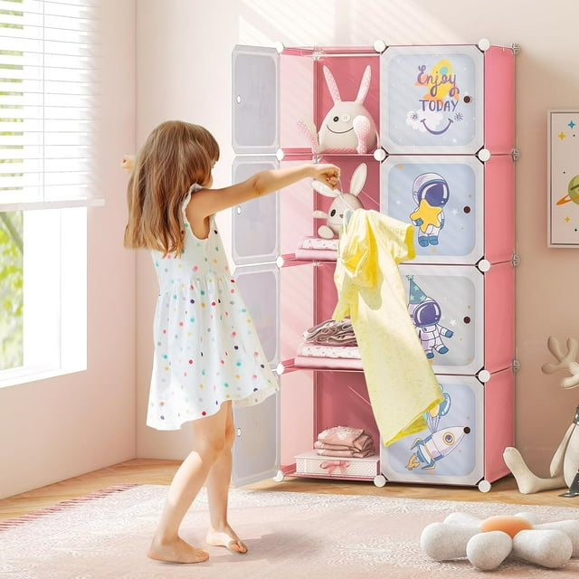 INFANS Children Wardrobe, Kid Closet Portable Baby Dresser Cute for Kids Bedroom Nursery Armoire with Doors 12 Cube 2 Hanging Sections, Kid Clothes Storage Organizer