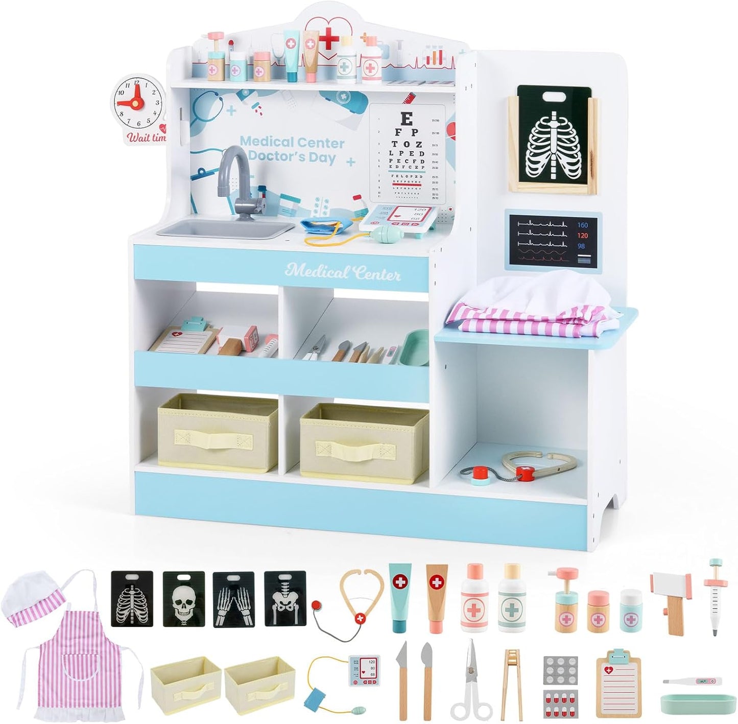 OLAKIDS Kids Doctor Playset, Wooden Pretend Medical Station Activity Center Toy Set with 26 Interactive Veterinarian Accessories, Nurse Uniform X-Ray Film Stethoscope ECG Monitor for Toddler