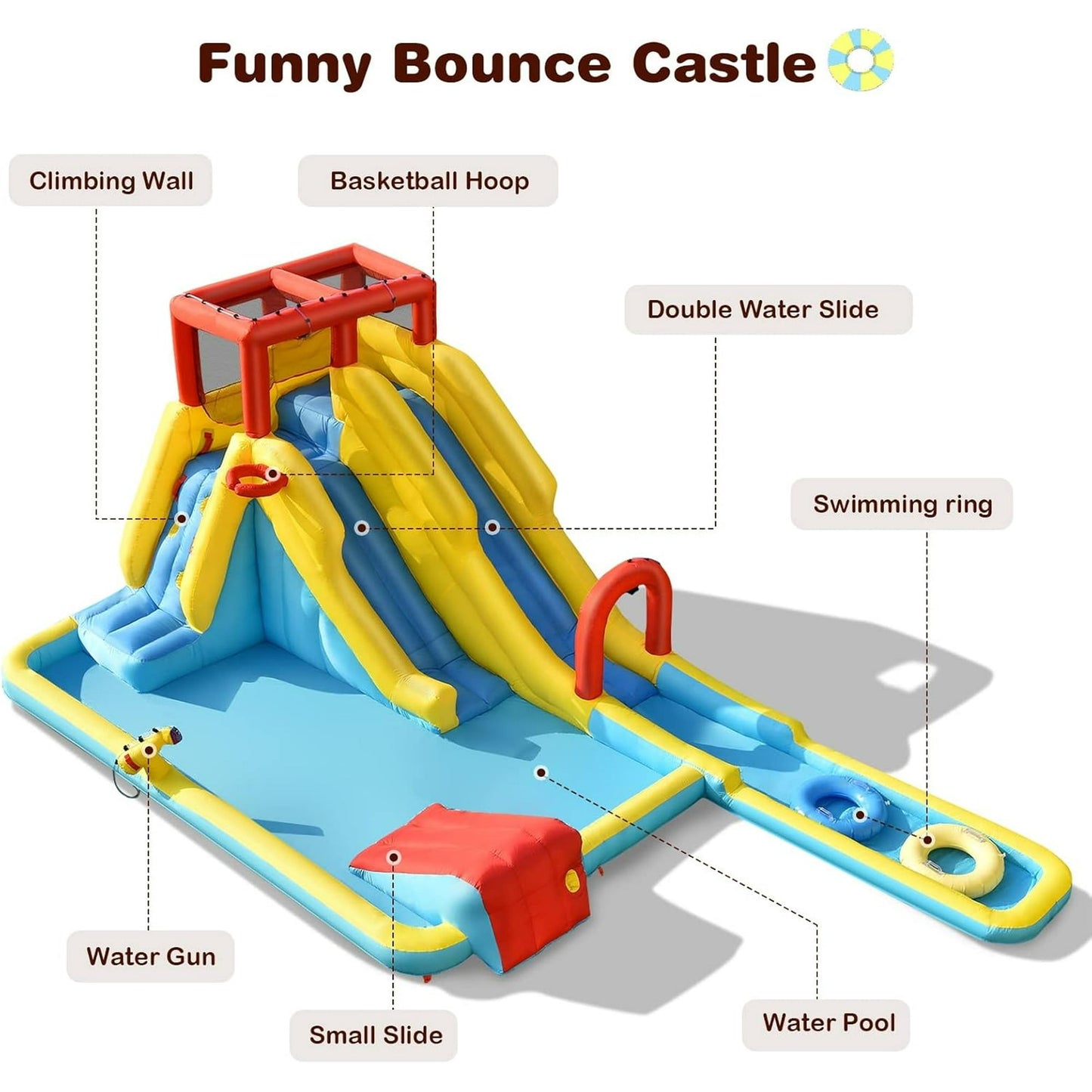 OLAKIDS Inflatable Water Slide, 7 in 1 Bounce House with 2 Slides, Climbing Wall, Splash Pool, Basketball Rim, Water Gun, Outdoor Water Park with Carrying Bag, Repairing Kit, Hose (with Air Blower)