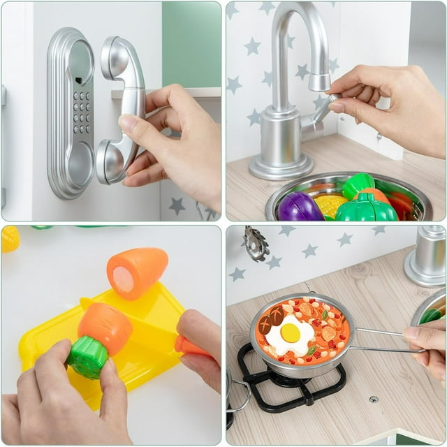 INFANS Kid Kitchen Playset, Toddler Wooden Pretend Cooking Set with Realistic Light & Sound, Stove, Sink, Microwave, Storage Cabinet, Play Kitchen Toy Set for Children Boys Girls