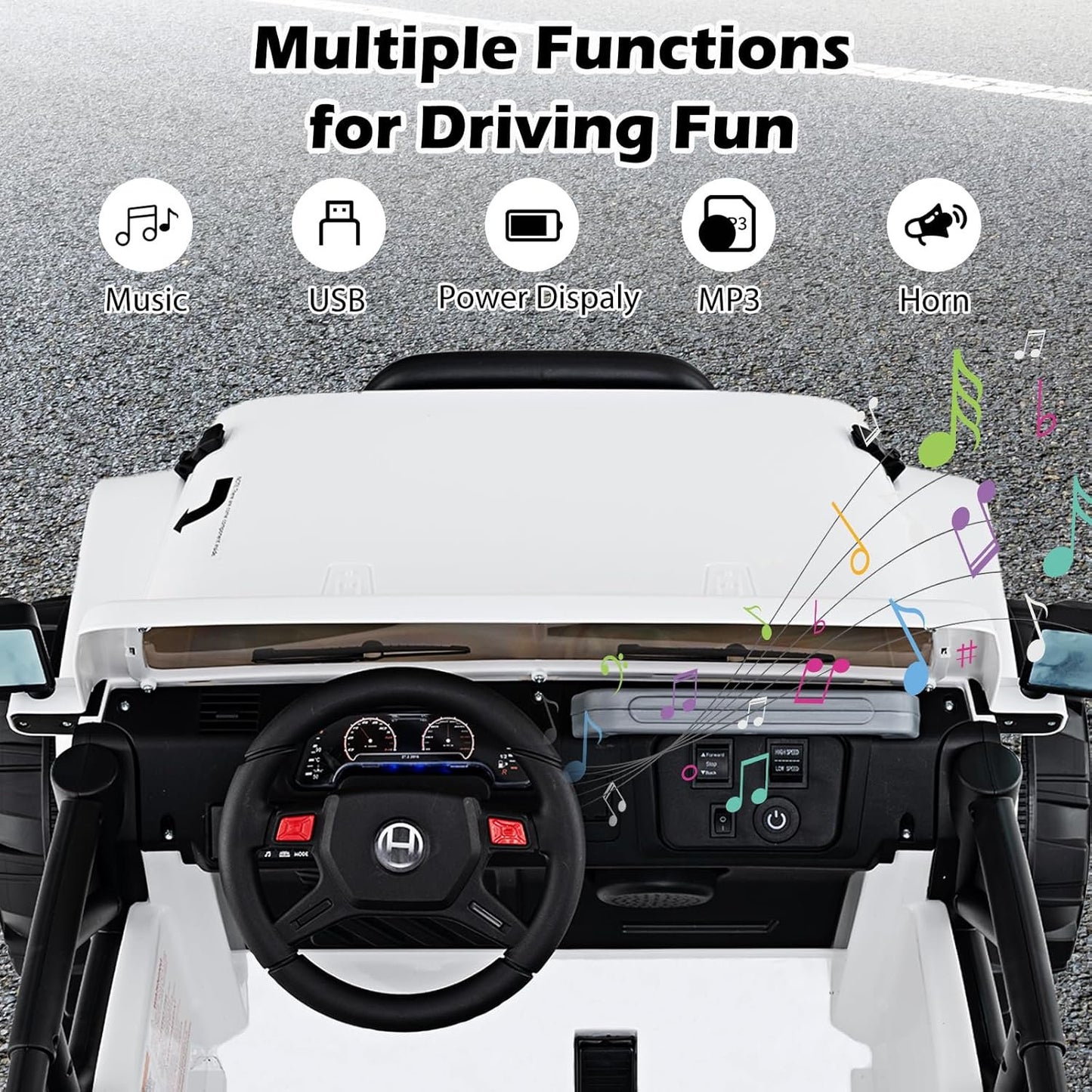 OLAKIDS Ride on Truck, 12V Battery Powered Electric Vehicle for Kids with Remote Control, Power Display, LED Lights, Story, Suspension System, MP3, Ride on Toy for 3+ Boys Girls