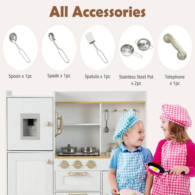 INFANS Kid Kitchen Playset, Toddler Wooden Pretend Cooking Set with Realistic Light & Sound, Stove, Sink, Microwave, Storage Cabinet,Pretend Play Kitchen Toy Set for Children Boys Girls