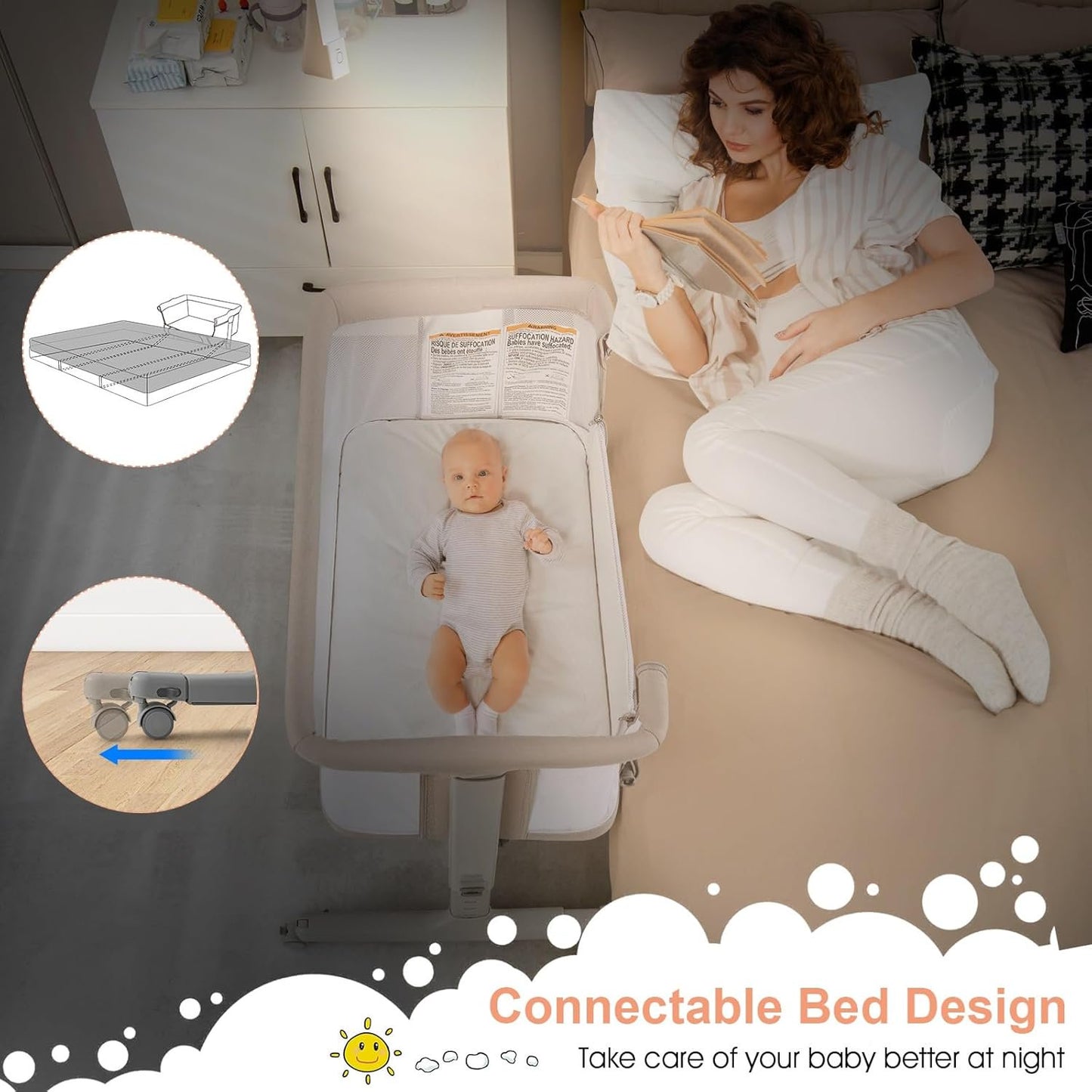 INFANS 3 in 1 Baby Bassinets, Bedside Sleeper for Newborn, Folding Crib with Mattress, Travel Bag, Wheels, 4-Sided Mesh, Easy to Assemble Cradle Co Sleeper Stationary, Rock
