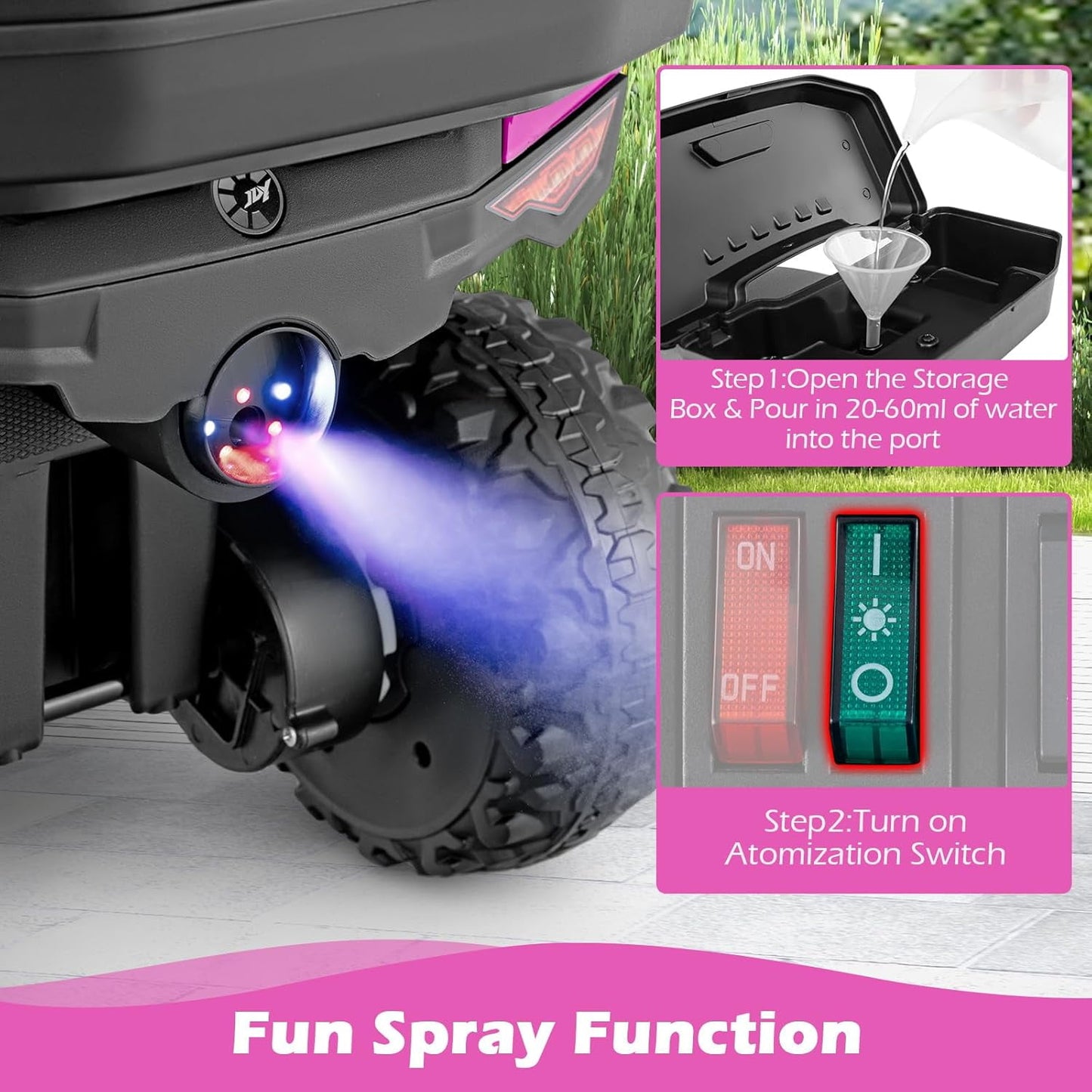 OLAKIDS Kids ATV with Spray Function, Remote Control, Storage Trunk, 6V Electric Toddler Ride on Toy