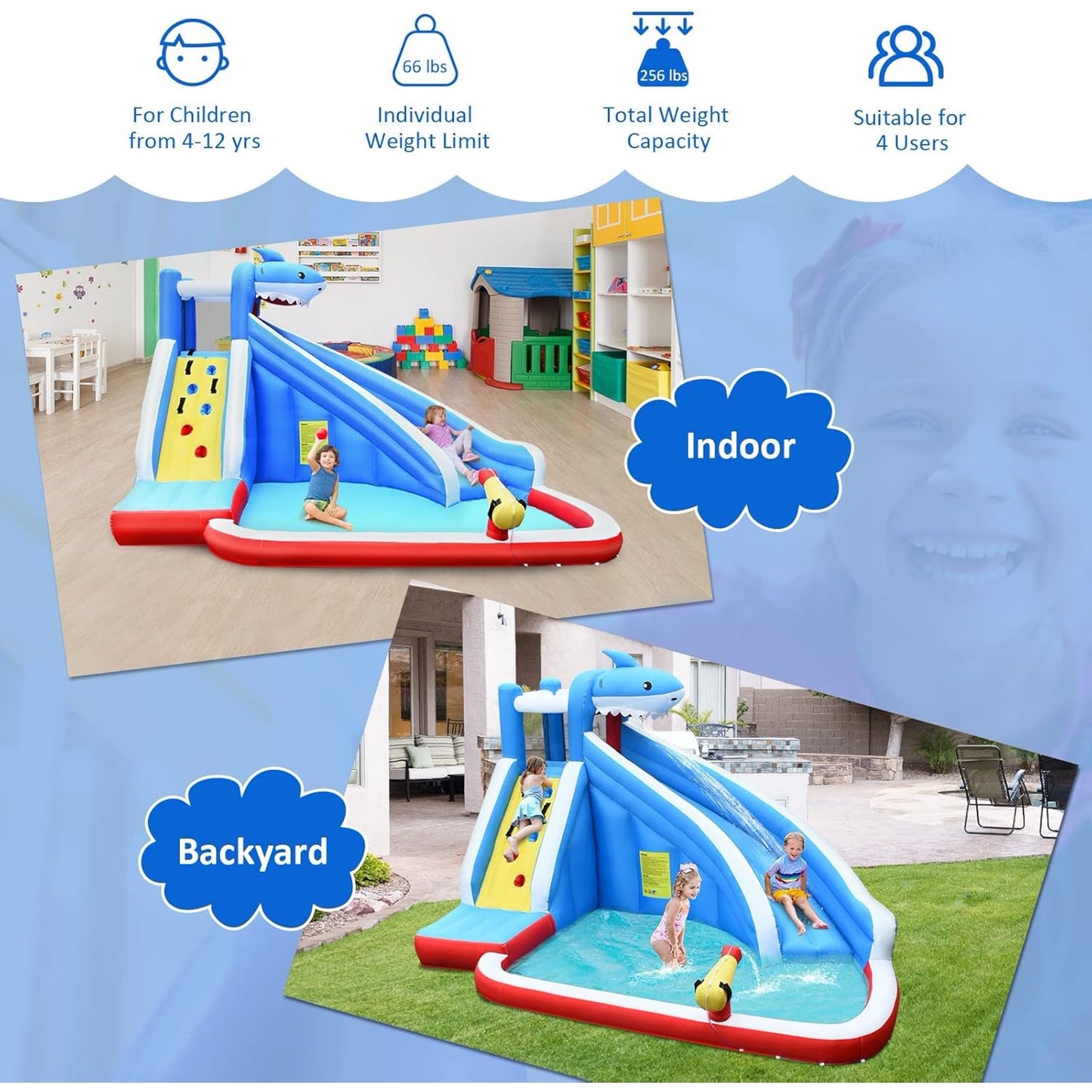 OLAKIDS Inflatable Water Slides, Bouncing House with Slide, Splash Pool, Climbing Wall, Water Gun, Shark Themed Bouncer Castle Outdoor with Hose, Carry Bag, Blower