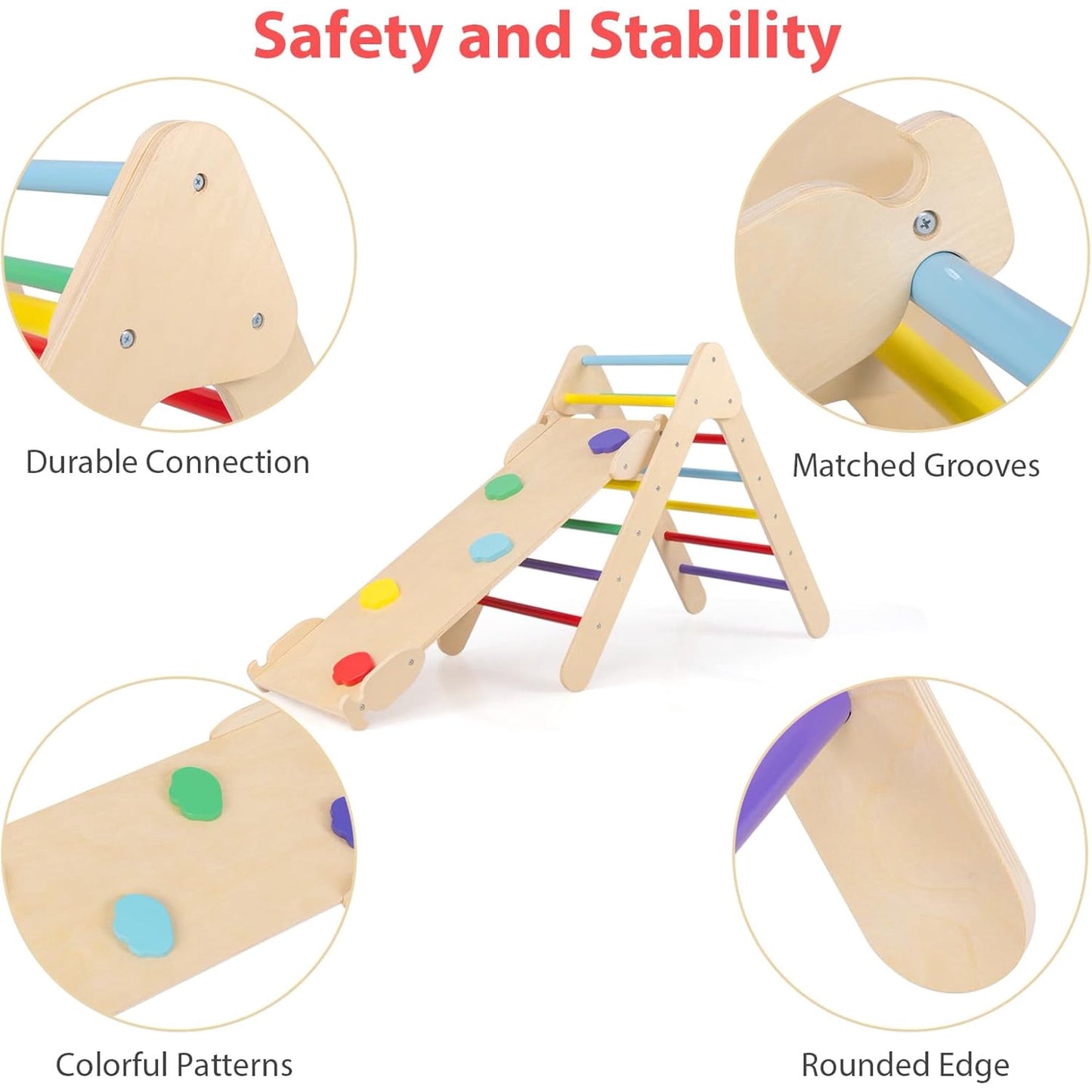 OLAKIDS Toddlers Triangle Climber, 3 in 1 Montessori Kids Wood Climbing Toy with Ramp, Ladder, Slide