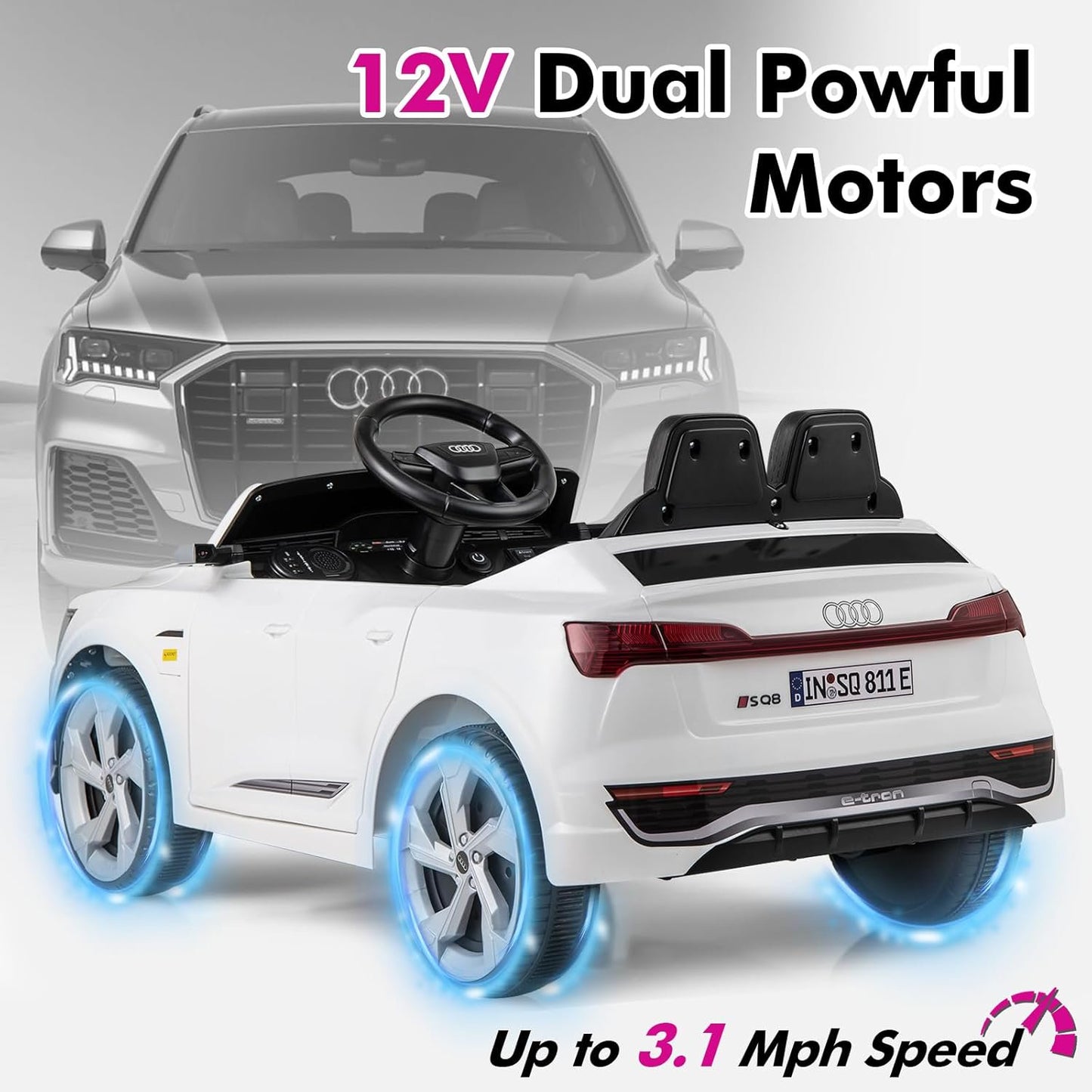 Licensed Audi SQ8 Ride on Car by OLAKIDS, Battery Powered Electric Vehicle for with Remote Control, Adjustable Music, LED Lights, Suspension, Driving Toy Gift for Kids Toddler Age 3+