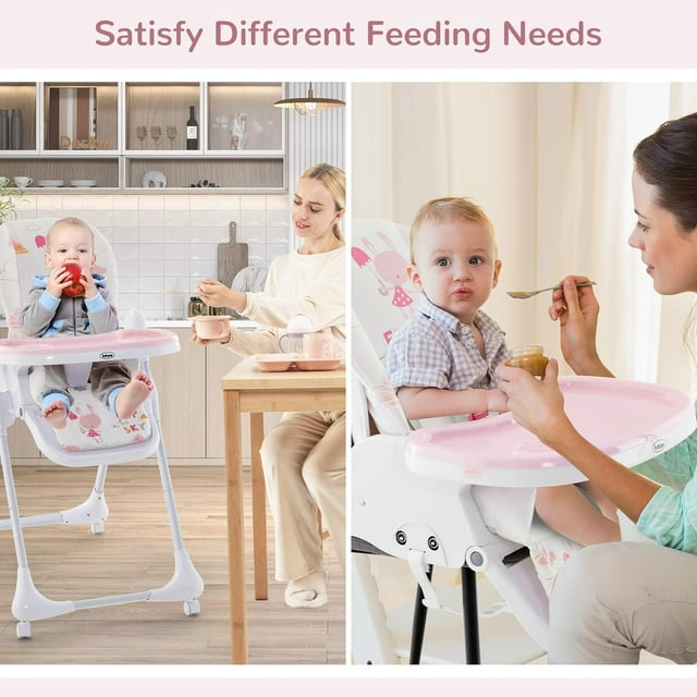 INFANS Baby High Chair, 3 in 1 Quick Folding Portable Highchair for Toddlers with 4 Lockable Universal Wheels Multiple Adjustable Seat Height Backrest and Footrest, Removable Double Trays (Rabbit)