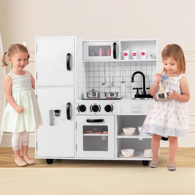 OLAKIDS Play Kitchen for Kids, Wooden Kids Play Kitchen Playset with Realistic Light & Sounds, Pots Pan Microwave Sink, Children Pretend Cooking Toy Set Gift for Toddler Boys Girls Ages 3+