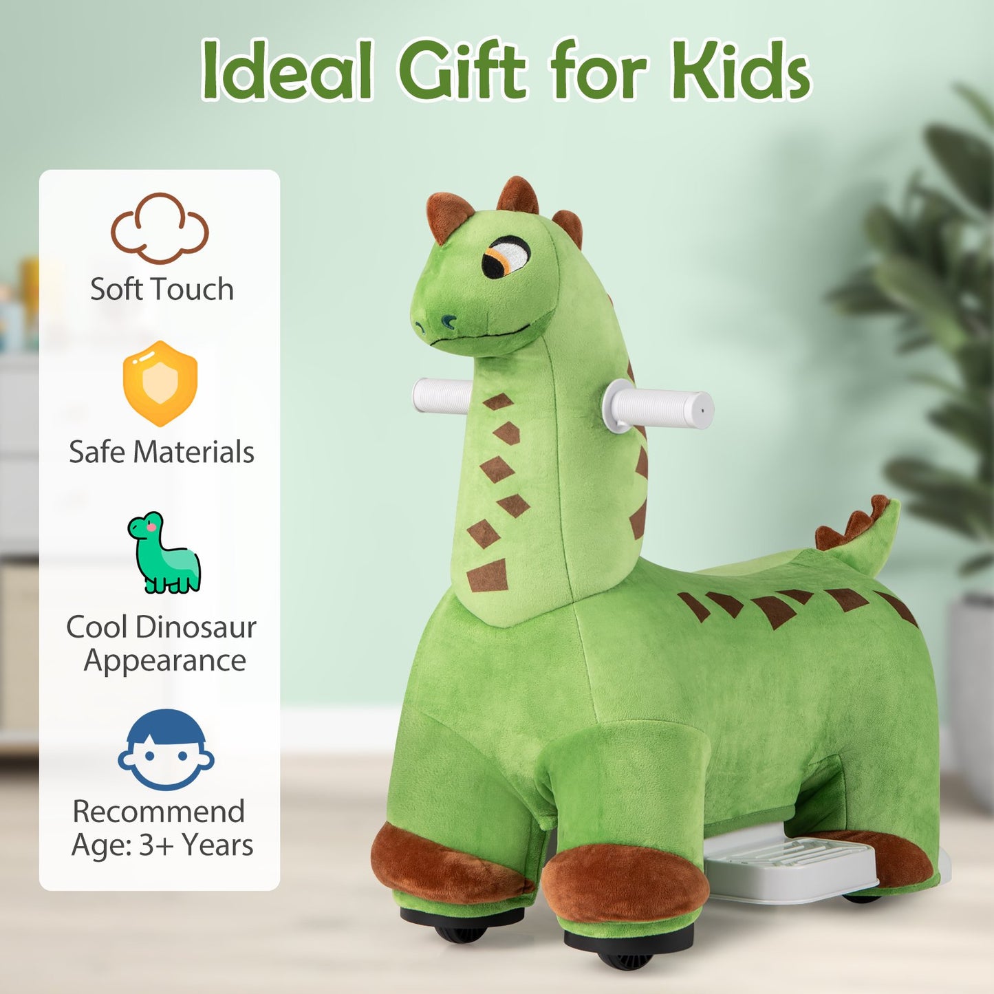 OLAKIDS Ride on Toys, 6V Electric Battery Powered Electric Ride on Dinosaur with Music, Padded Seat, Forward, Foot Pedal, Wheels, Riding Horse Toy for Boys Girl Aged 3+