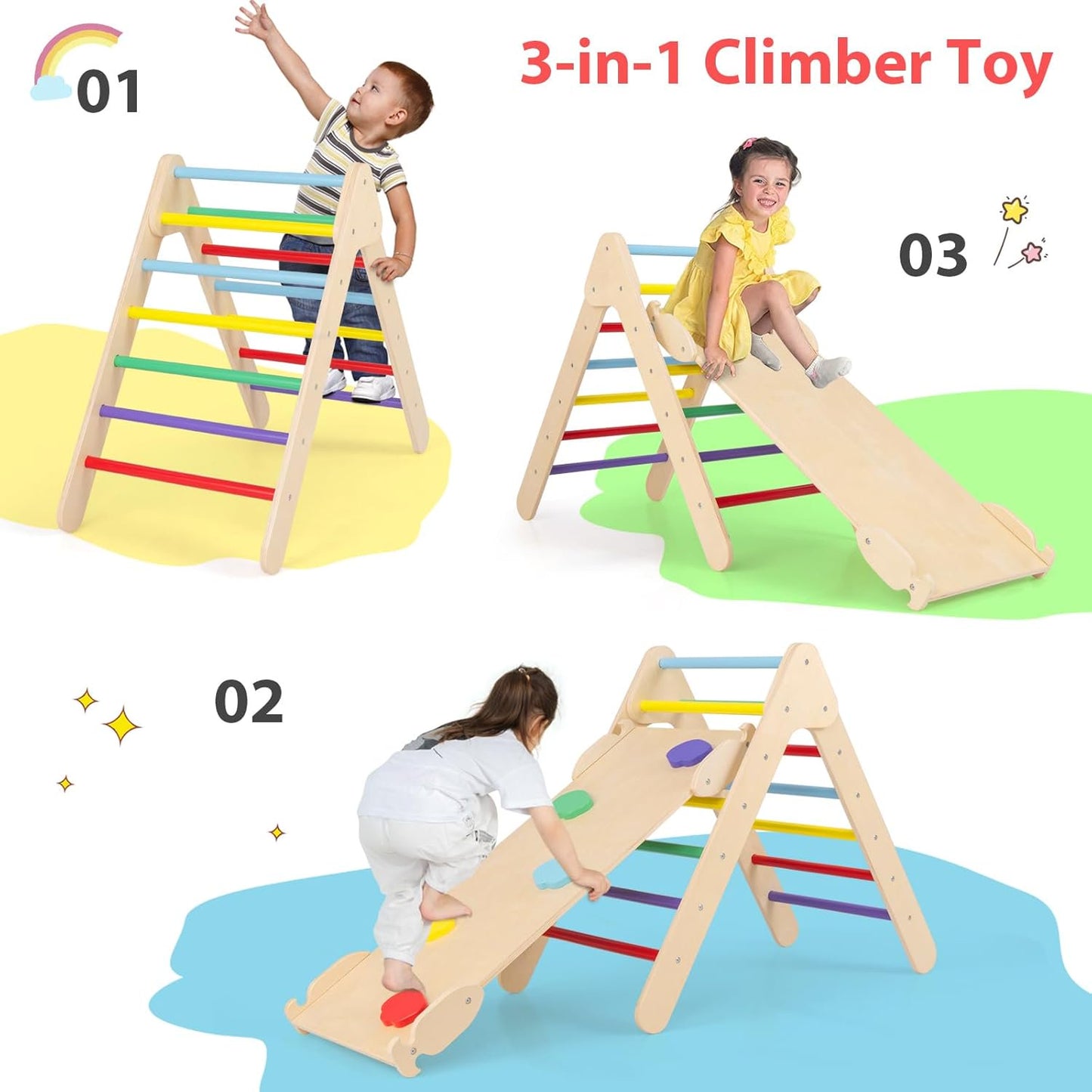OLAKIDS Toddlers Triangle Climber, 3 in 1 Montessori Kids Wood Climbing Toy with Ramp, Ladder, Slide