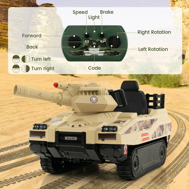 OLAKIDS 12V Ride on Car, Kids Electric Tank with Remote Control, 8 Cannonballs, Rotating Turret, 360°Spin Vehicle, Bluetooth, Battery Powered Army Tank Toy for Boys Girls