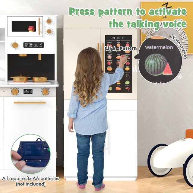 OLAKIDS Play Kitchen for Kids, 2-Piece Fridge Refrigerator Playset Combination with Electronic Interactive Alphabet Wall Chart Coffee Machine Stove Microwave, Toddler Wooden Pretend Cooking Set Gift