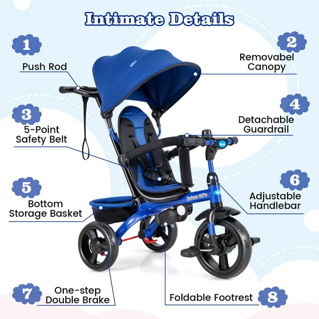 INFANS Kids Tricycle, 4 in 1 Stroll Trike with Adjustable Push Handle, Removable Canopy, Retractable Foot Plate, Lockable Pedal, Detachable Guardrail, Suitable for 10 Months to 5 Years (Blue)