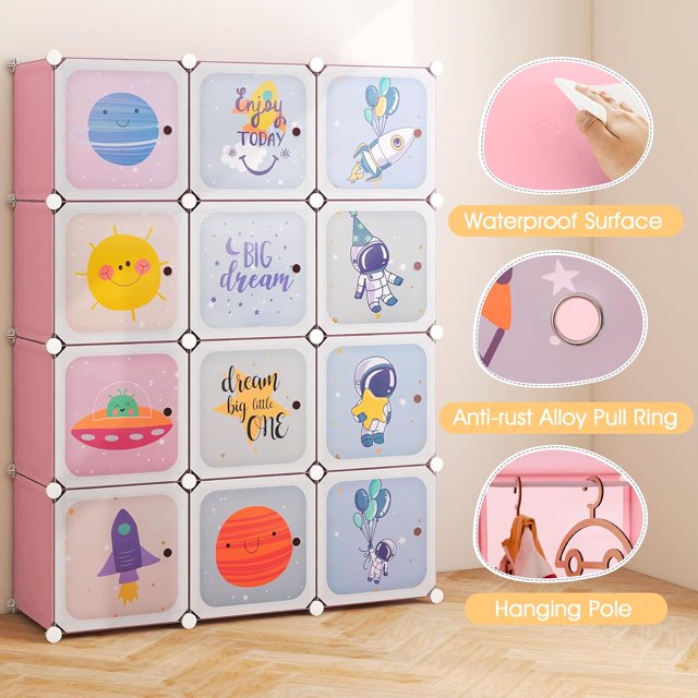 INFANS Children Wardrobe, Kid Closet Portable Baby Dresser Cute for Kids Bedroom Nursery Armoire with Doors 12 Cube 2 Hanging Sections, Kid Clothes Storage Organizer