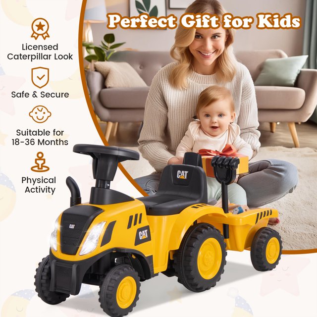 Licensed Caterpillar Ride on Tractor by OLAKIDS, Foot to Floor Sliding Truck with Detachable Trailer, Headlight, Horn, Rake, Shovel, Toy Walker Gift for Kids Toddler Age 1.5-3