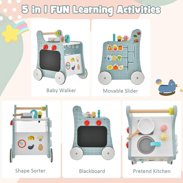 INFANS 6 in 1 Baby Push Walker, Wooden Play Kitchen Playset, Toddler Learning Activity Walker with Shape Sorter Movable Slider, Montessori Educational Toy for Girls Boys 1-3 Years