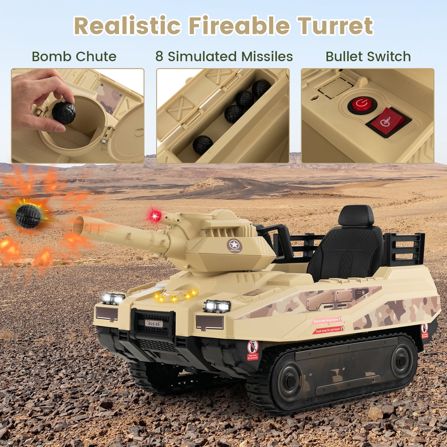 OLAKIDS 12V Ride on Car, Kids Electric Tank with Remote Control, 8 Cannonballs, Rotating Turret, 360°Spin Vehicle, Bluetooth, Battery Powered Army Tank Toy for Boys Girls