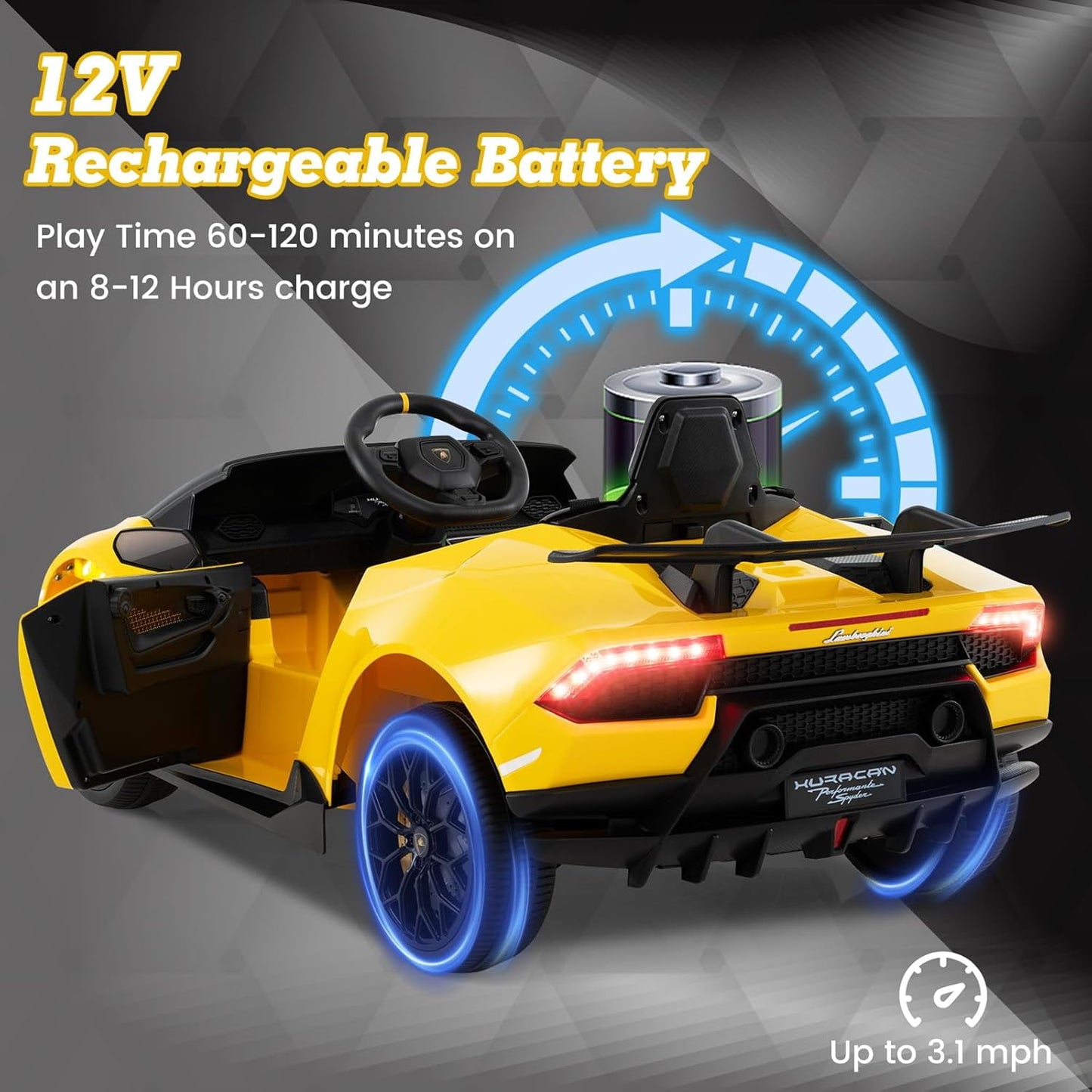 Licensed Lamborghini Huracan Ride on Car by OLAKIDS, 12V Kids Electric Vehicle Battery Powered Toy with Remote Control, LED Lights, Spring Suspension, Bluetooth, MP3, Aged 3-8 Years
