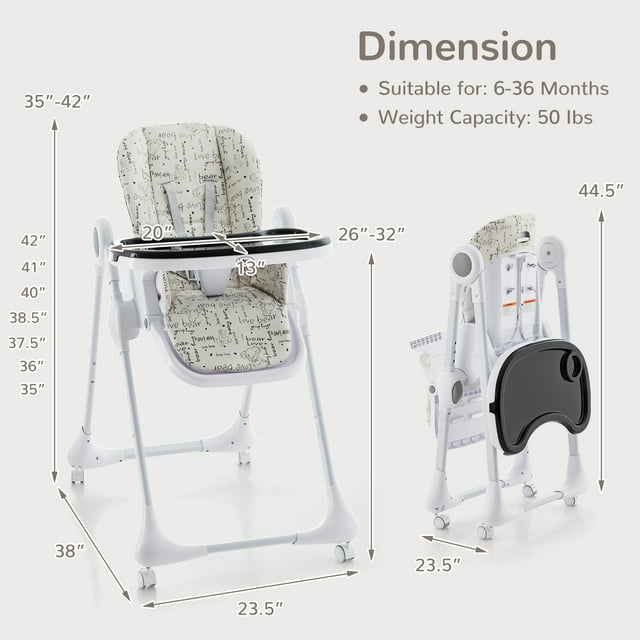 INFANS Baby High Chair, 3 in 1 Quick Folding Portable Highchair for Toddlers with 4 Lockable Universal Wheels Multiple Adjustable Seat Height Backrest and Footrest, Removable Double Trays (Bear)