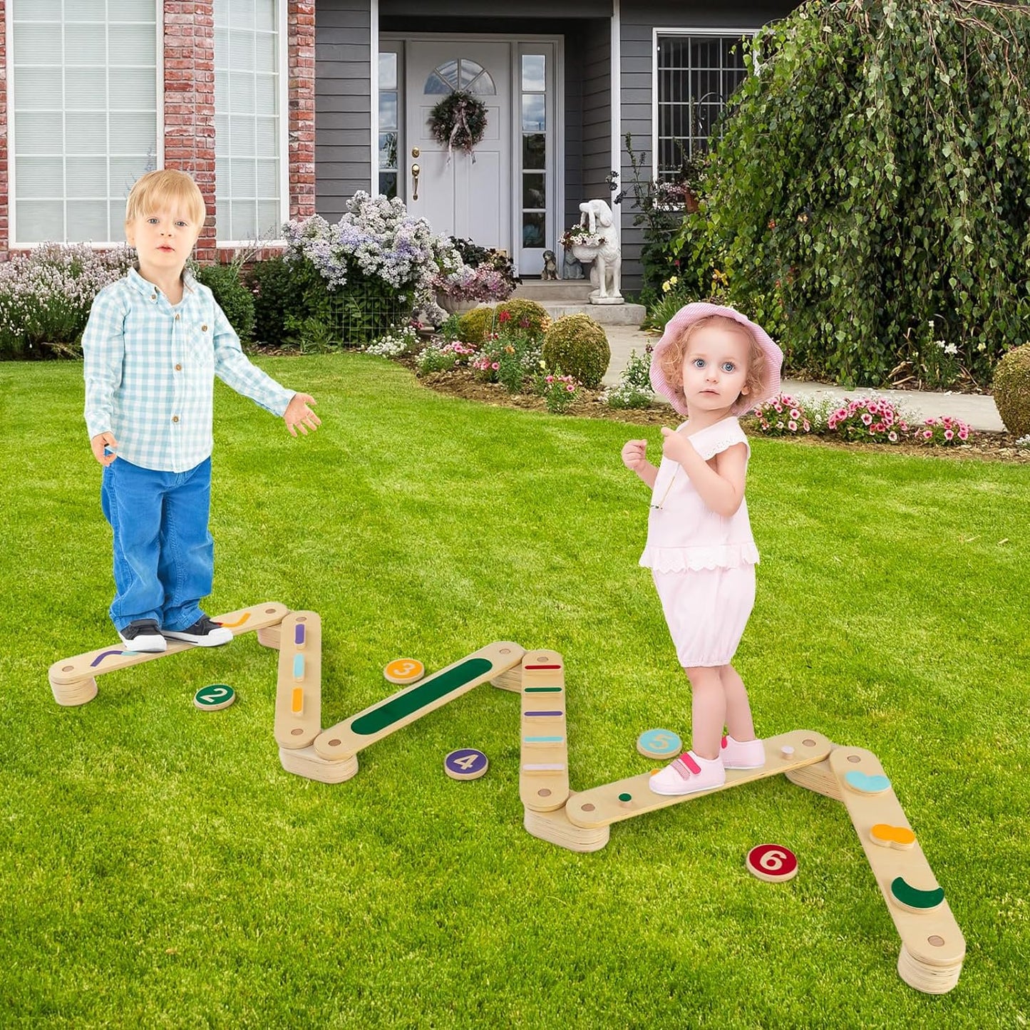 OLAKIDS Wooden Balance Beam Stepping Stones for Kids, Montessori 12 Piece Obstacle Felt Course Gymnastics Toy Furniture for Toddler Playroom Indoor Outdoor, Build Coordination Gross Motor Skills
