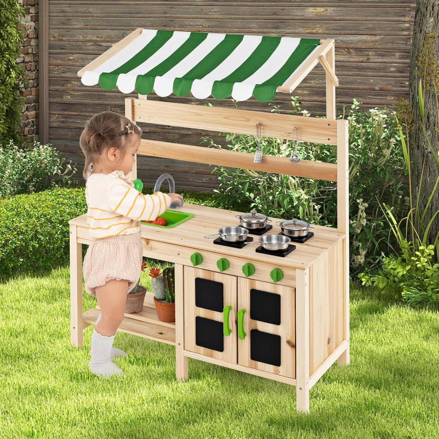 OLAKIDS Mud Kitchen, Outdoor Toys Play Kitchen with Awning Faucet Stoves Removable Sink Cooking Accessories Wooden Kids Kitchen Playset Backyard Garden Toys Gift for Boys Girls Ages 3+