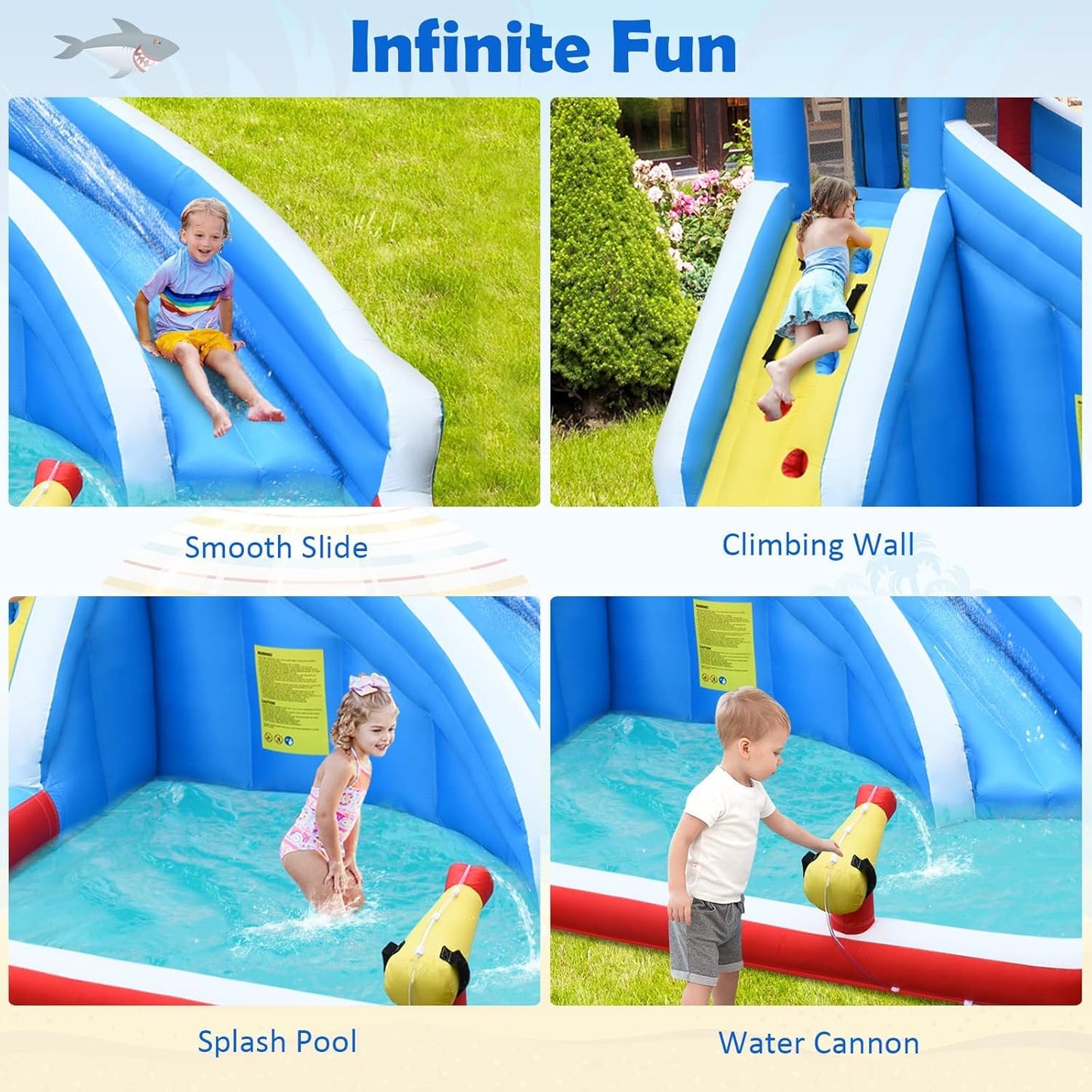 OLAKIDS Inflatable Water Slides, Bouncing House with Slide, Splash Pool, Climbing Wall, Water Gun, Shark Themed Bouncer Castle Outdoor with Hose, Carry Bag, Blower