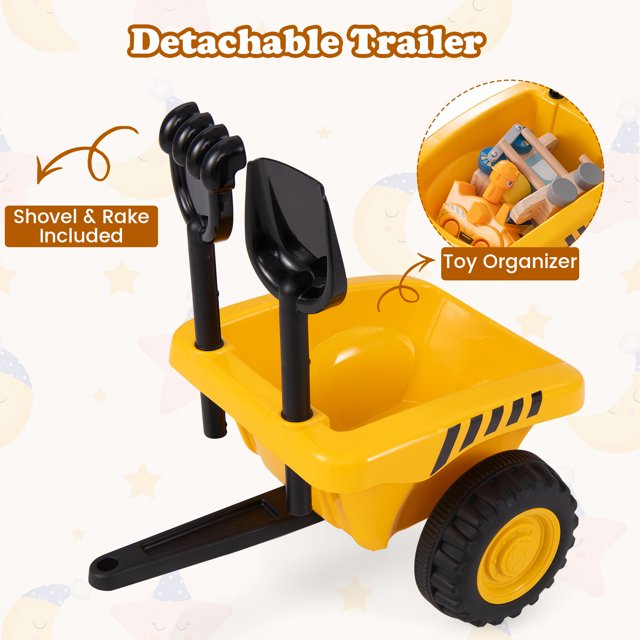 Licensed Caterpillar Ride on Tractor by OLAKIDS, Foot to Floor Sliding Truck with Detachable Trailer, Headlight, Horn, Rake, Shovel, Toy Walker Gift for Kids Toddler Age 1.5-3