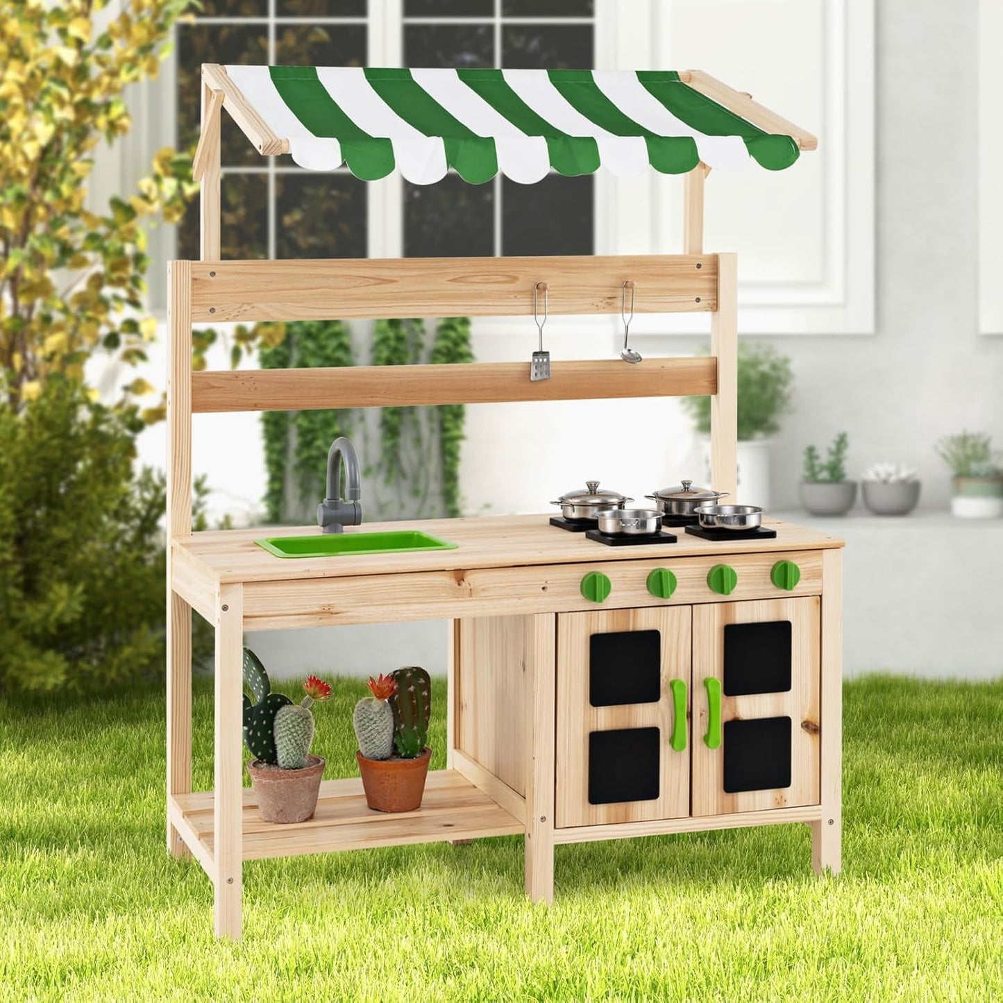 OLAKIDS Mud Kitchen, Outdoor Toys Play Kitchen with Awning Faucet Stoves Removable Sink Cooking Accessories Wooden Kids Kitchen Playset Backyard Garden Toys Gift for Boys Girls Ages 3+