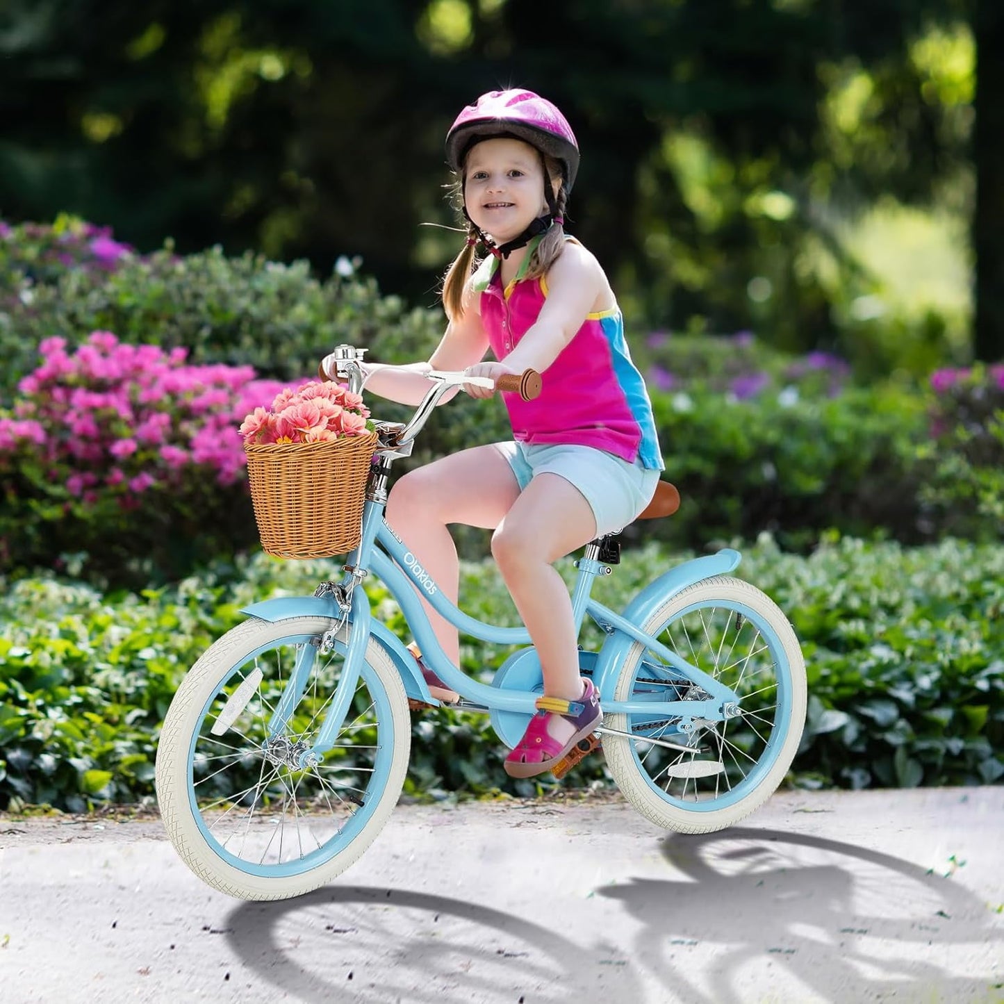OLAKIDS Kids Bike, 14 16 18 Inch Toddlers Bike with Removable Training Wheels and Rattan Basket, Safety Bell, Adjustable Seat and Handlebar, Children's Bicycle for Girls Boys Age 3-8
