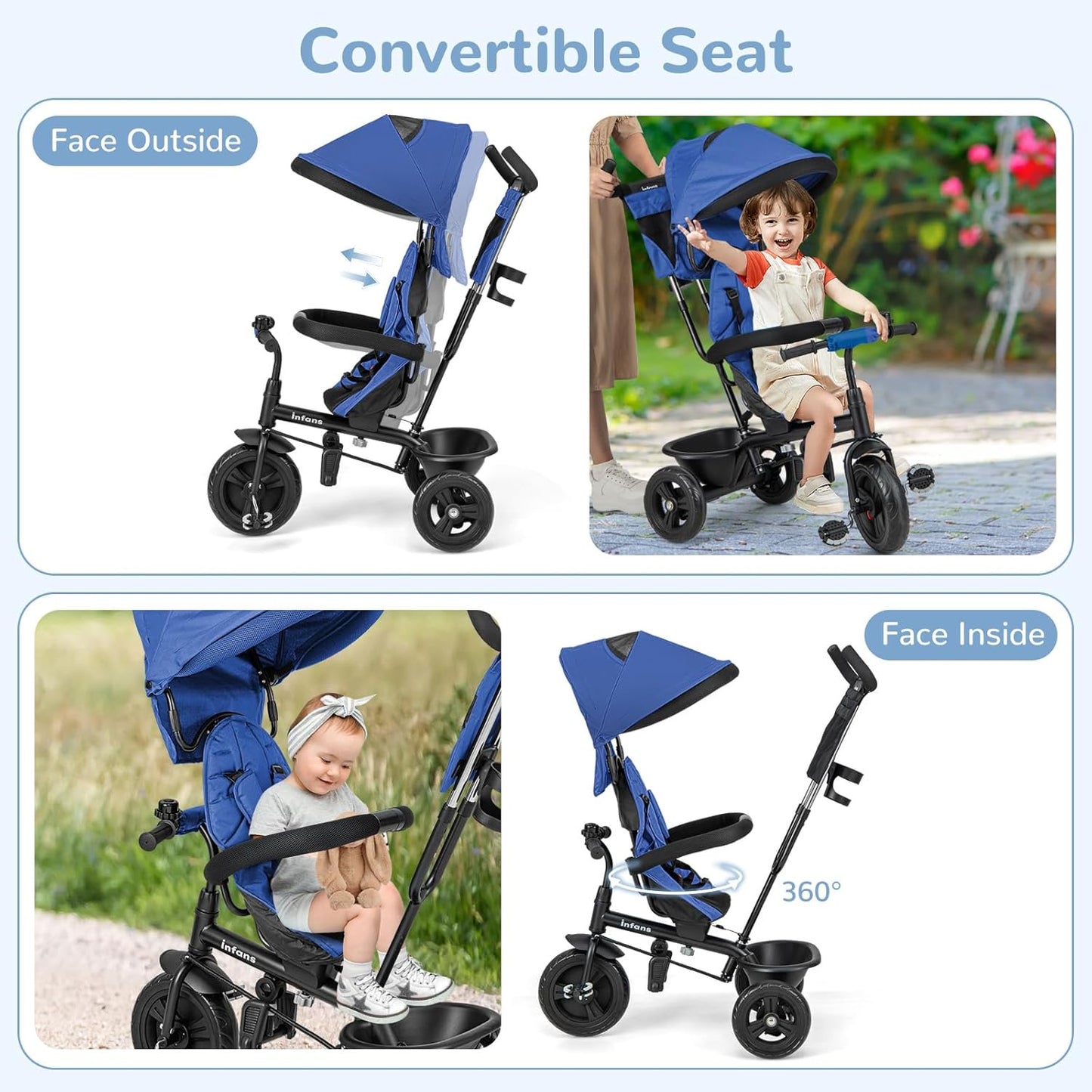 INFANS Kids Tricycle, 6 in 1 Baby Trike Stroller Toddler Bike with Reversible Seat, Adjustable Handle, Control Direction, Removable Canopy, Safety Harness, Belt, Storage Basket, 9 Months-5 Years