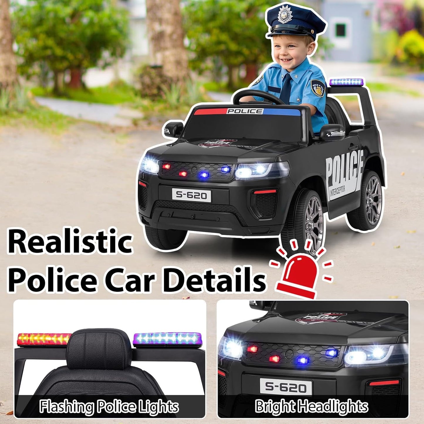 OLAKIDS Ride on Police Car, 12V Kids Battery Powered Electric Vehicle with Siren, Flashing Lights, Bluetooth, Music, MP3, USB, Power Display, Spring Suspension, Aged 3-8 Years
