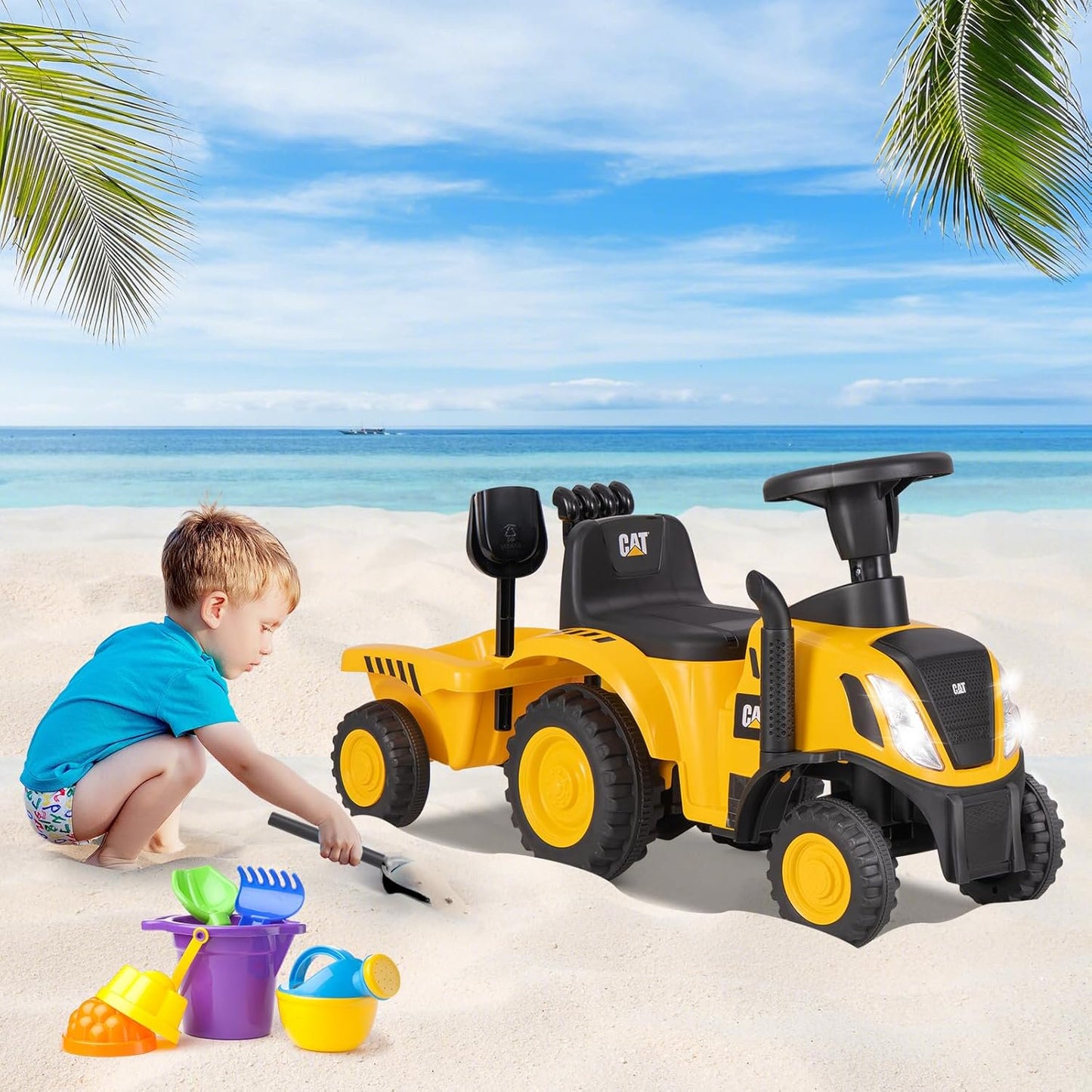 Licensed Caterpillar Ride on Tractor by OLAKIDS, Foot to Floor Sliding Truck with Detachable Trailer, Headlight, Horn, Rake, Shovel, Toy Walker Gift for Kids Toddler Age 1.5-3