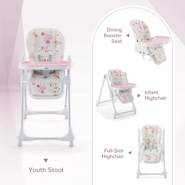 INFANS Baby High Chair, 3 in 1 Quick Folding Portable Highchair for Toddlers with 4 Lockable Universal Wheels Multiple Adjustable Seat Height Backrest and Footrest, Removable Double Trays (Rabbit)