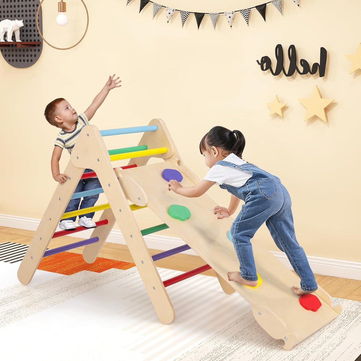 OLAKIDS Toddlers Triangle Climber, 3 in 1 Montessori Kids Wood Climbing Toy with Ramp, Ladder, Slide