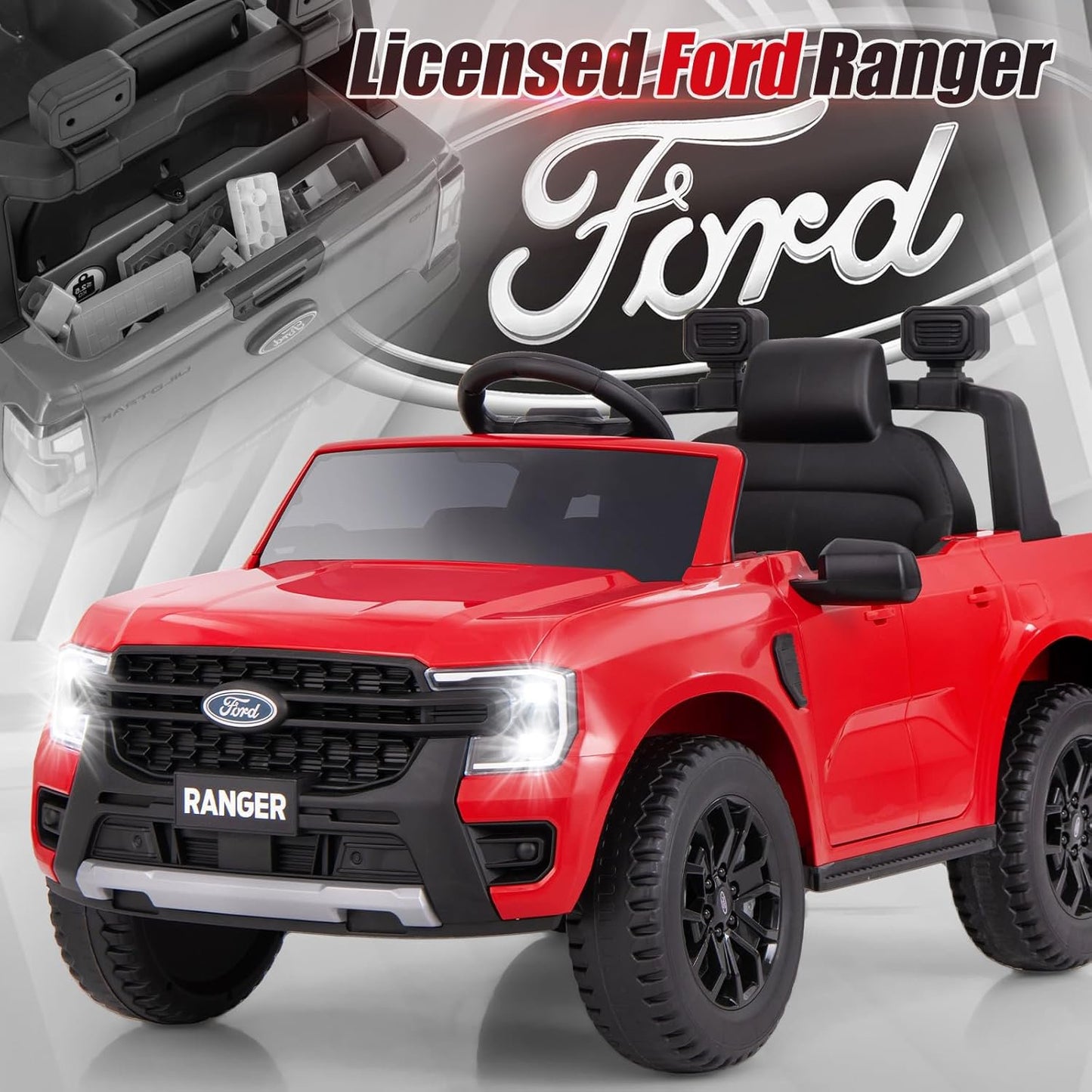Licensed Ford Ranger Ride on Car for Kids by OLAKIDS, 12V Electric Vehicle with Remote Control, Toddlers Battery Powered Toy Gift with 2 Speeds, Wheels Suspension, Storage Space, Bluetooth USB
