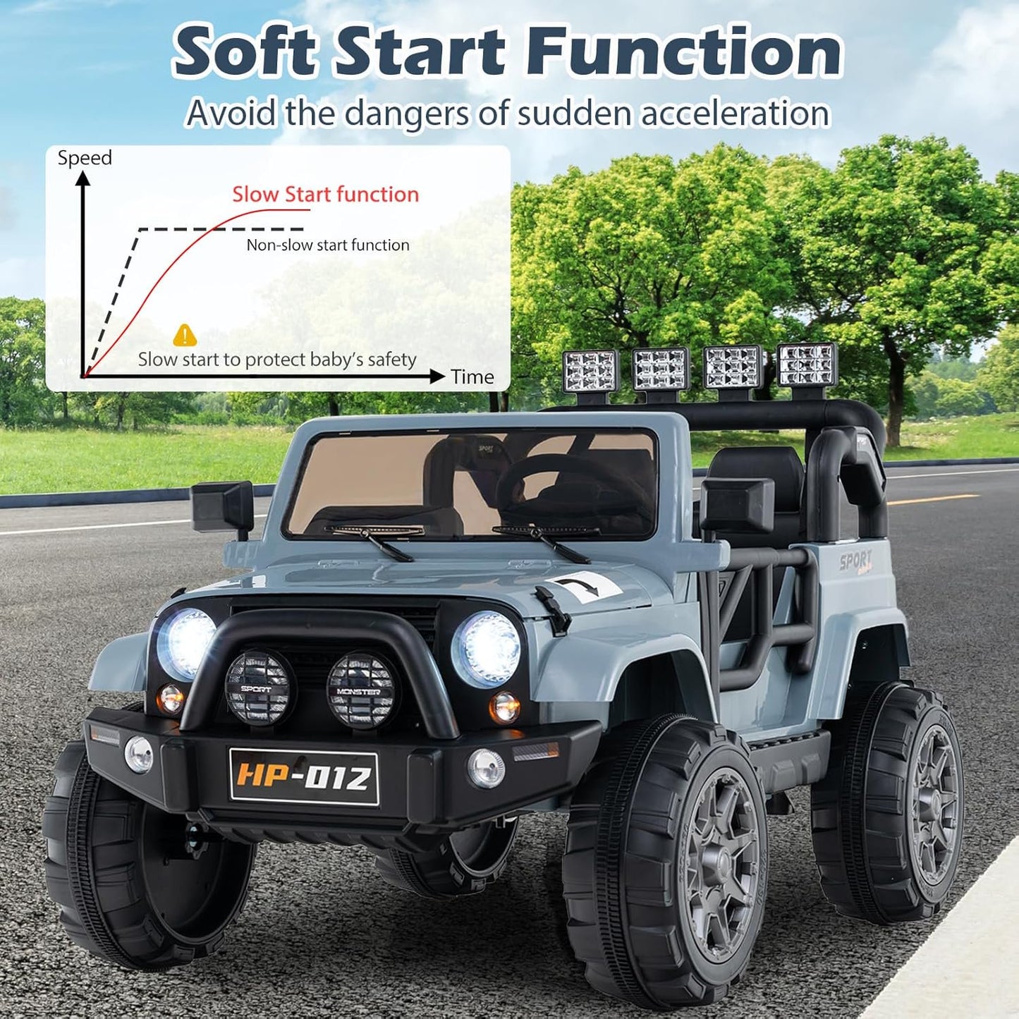 OLAKIDS Ride on Truck, 12V Battery Powered Electric Vehicle for Kids with Remote Control, Power Display, LED Lights, Story, Suspension System, MP3, Ride on Toy for 3+ Boys Girls