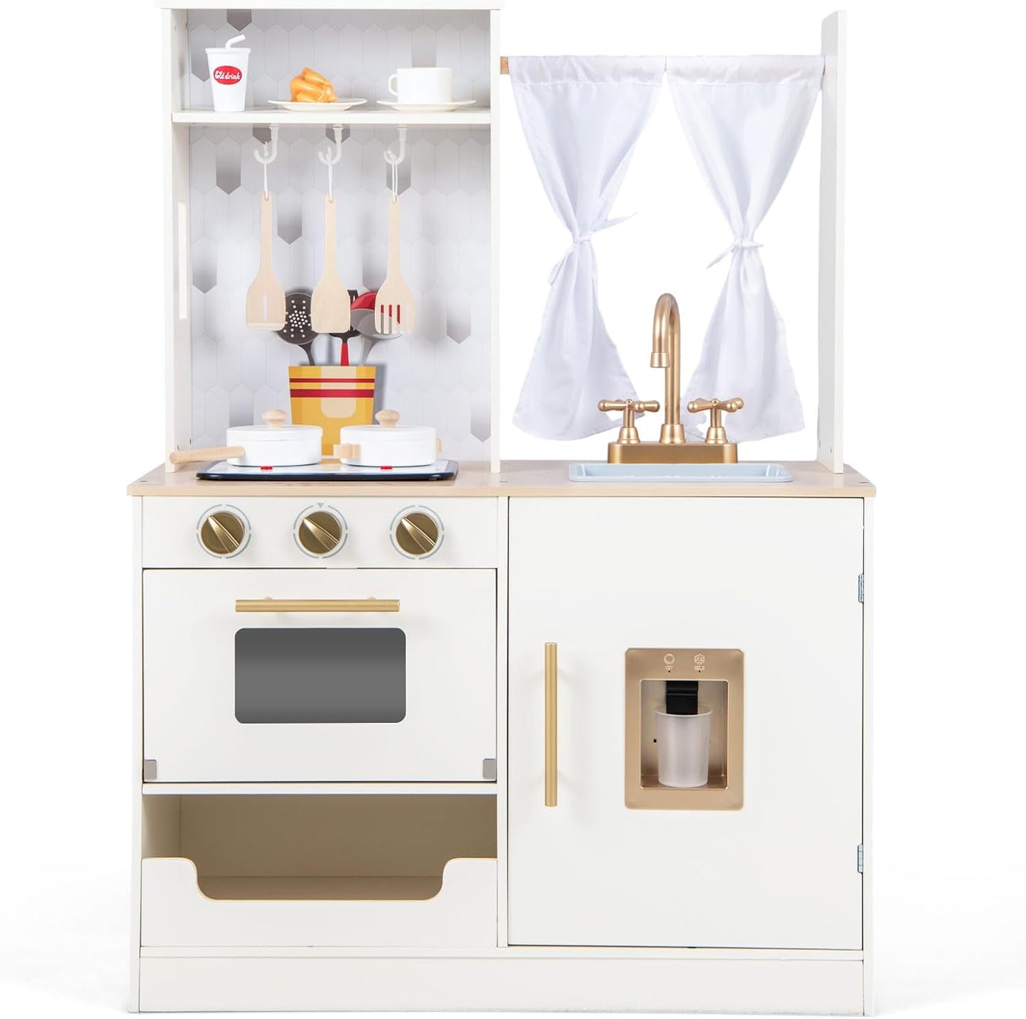 INFANS Kid Kitchen Playset, Toddler Wooden Pretend Cooking Set with Realistic Light & Sound, Stove, Sink, Microwave, Storage Cabinet, Play Kitchen Toy Set for Children Boys Girls