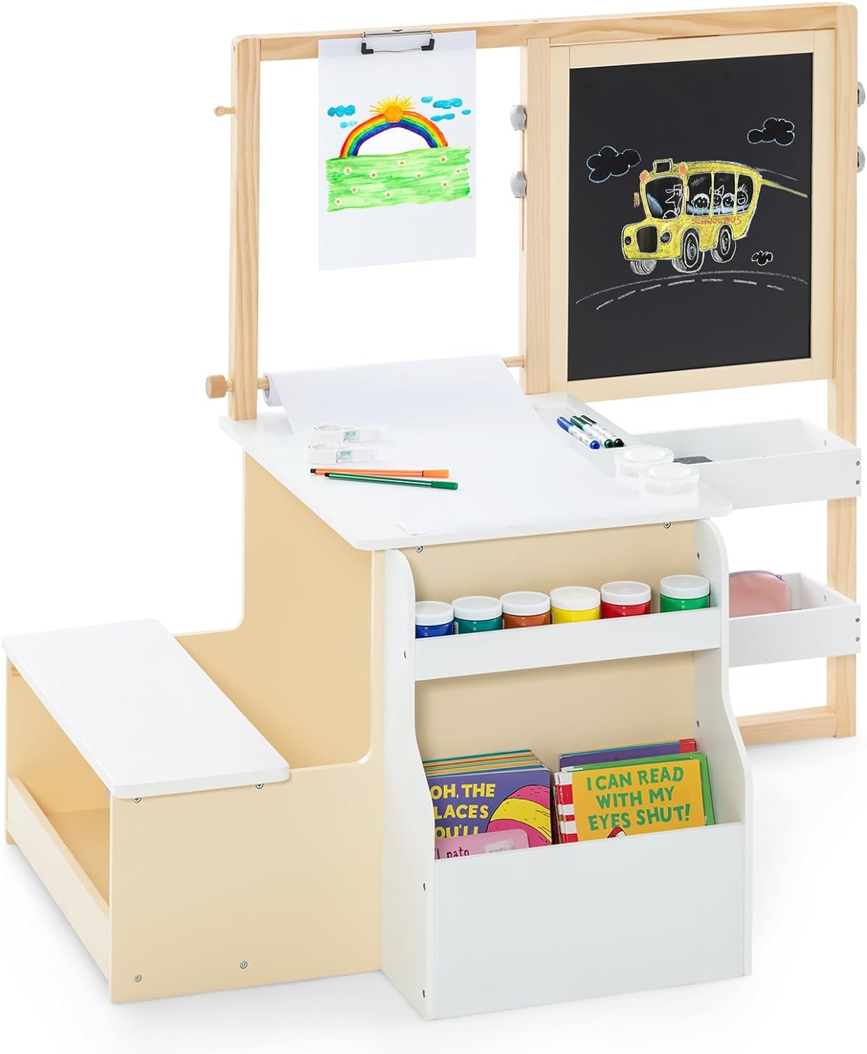 INFANS 3 in 1 Kids Art Table and Chair Set, Toddler Craft and Play Wood Activity Desk with Double-Sided Easel Blackboard Whiteboard, Paper Roll for Writing, Children Furniture for Daycare Nursery