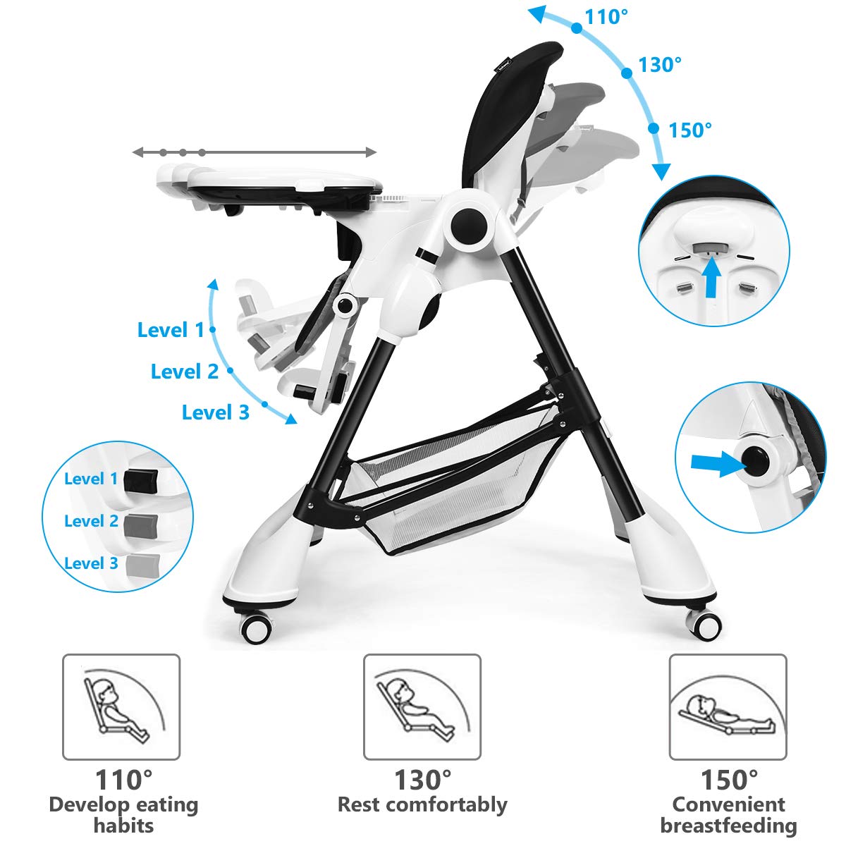 INFANS High Chair with One-Hand Removable Tray, 4 Lockable Wheels & Large Storage Basket - Multi-Adjustable Height, Recline & Footrest, Removable Cushion, Foldable for Baby, Infant& Toddler